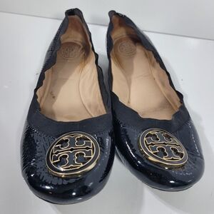 Tory Burch Caroline Black Patent Leather Ballet Flats Gold Logo Size 9
